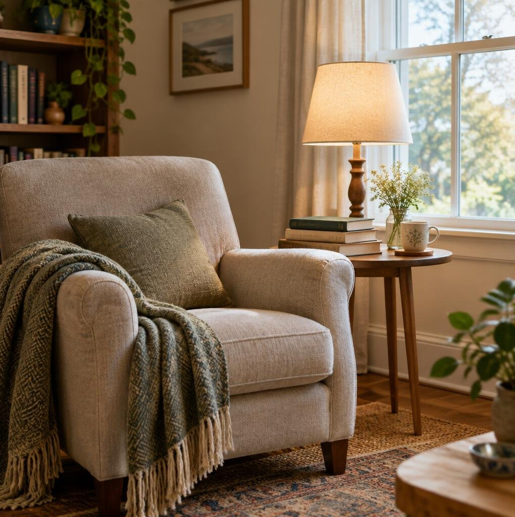 Quiet reading corner with books and soft chair