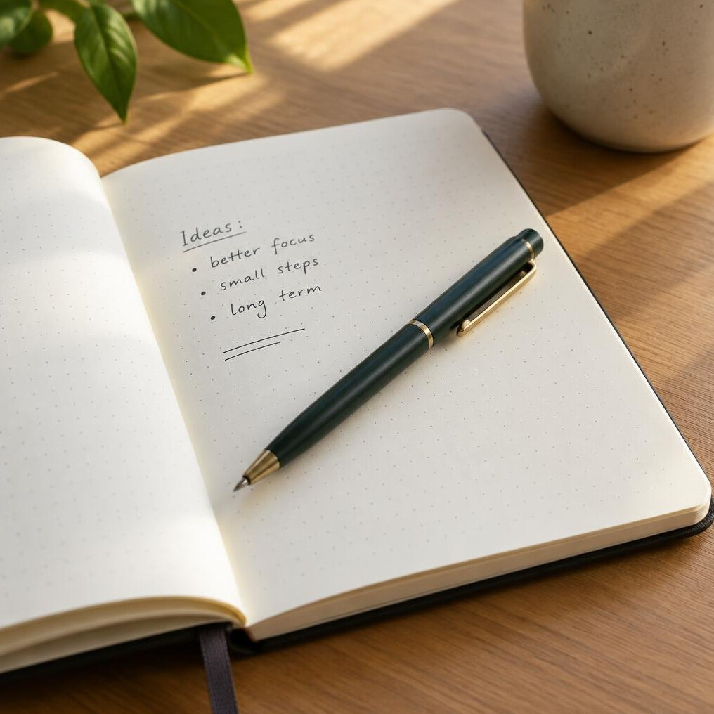 Open notebook with handwritten notes on a table